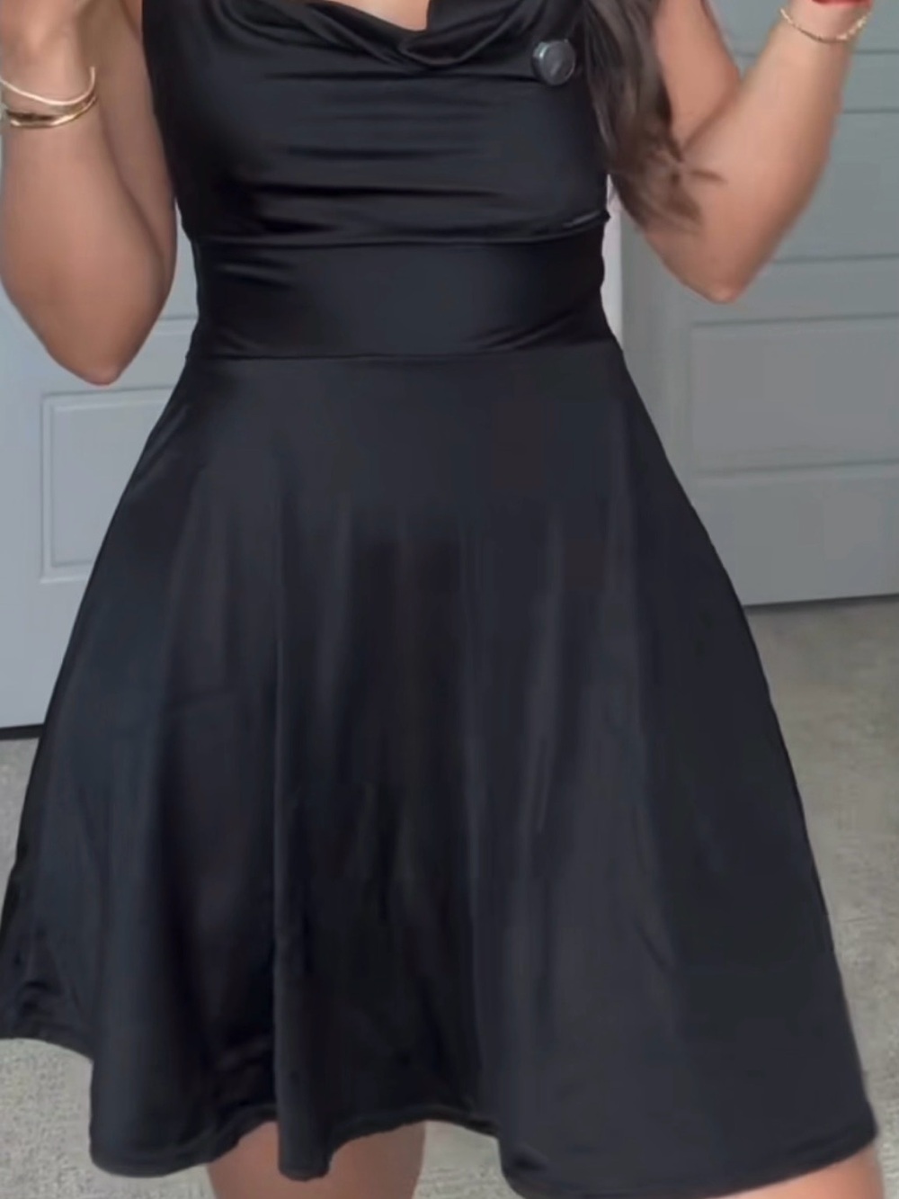 Satin Cowl Neck Black Fit & Flare Dress